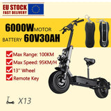 6000W Power Motor Electric Scooter 100km/h High Speed 13 inch Off Road Tire with Seat 30AH Strong Battery